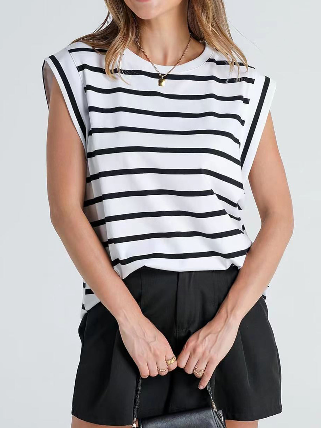 Striped Round Neck Cap Sleeve T-Shirt-Teresa&#39;s Fashionista LLC