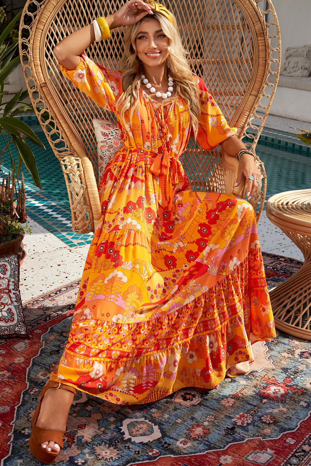 Bohemian Tie-Waist Tiered Maxi Dress-Teresa&#39;s Fashionista LLC