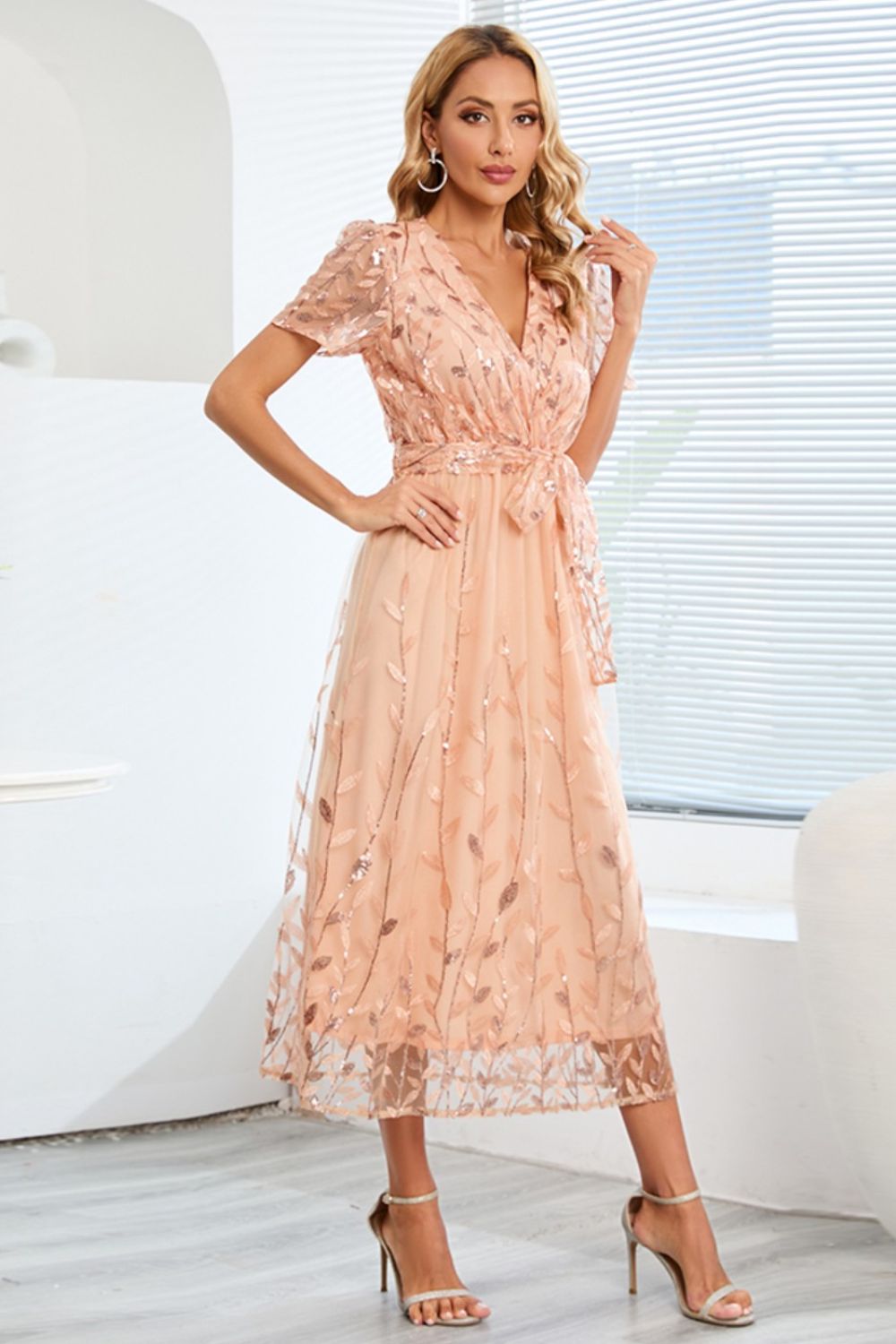 Sequin Leaf Embroidery Tie Front Short Sleeve Dress-Teresa&#39;s Fashionista LLC