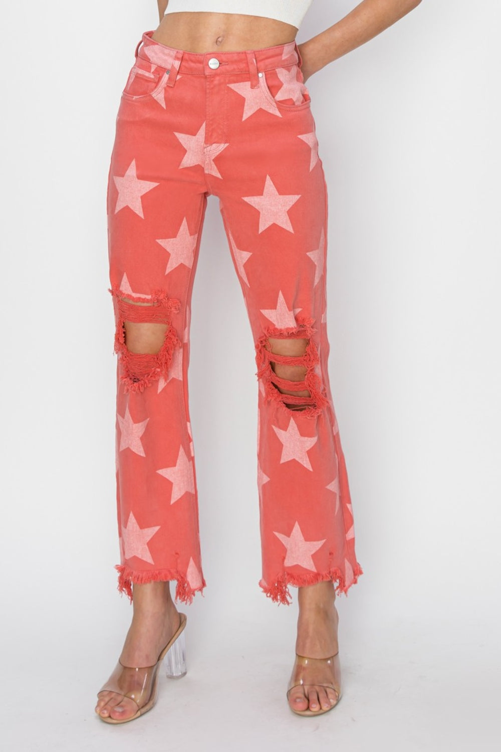 RISEN Full Size Distressed Raw Hem Star Pattern Jeans-Teresa&#39;s Fashionista LLC