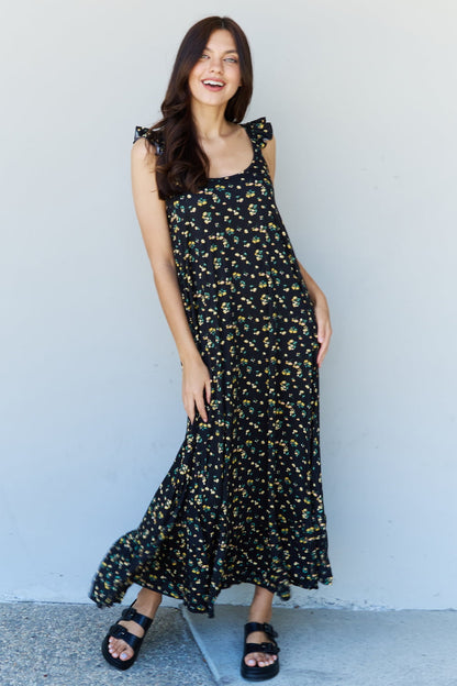 Doublju In The Garden Ruffle Floral Maxi Dress in Black Yellow Floral-Teresa&#39;s Fashionista LLC