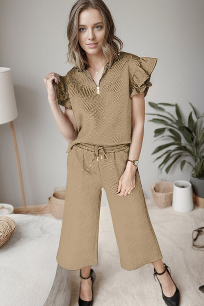 Ruffled Quarter Zip Top and Drawstring Pants Set-Teresa&#39;s Fashionista LLC