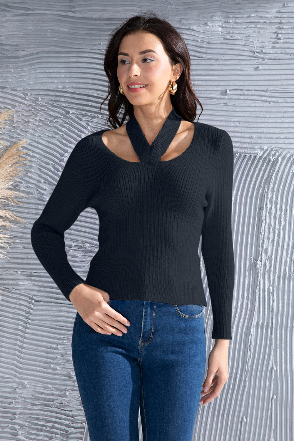 Halter Neck Long Sleeve Sweater-Teresa&#39;s Fashionista LLC