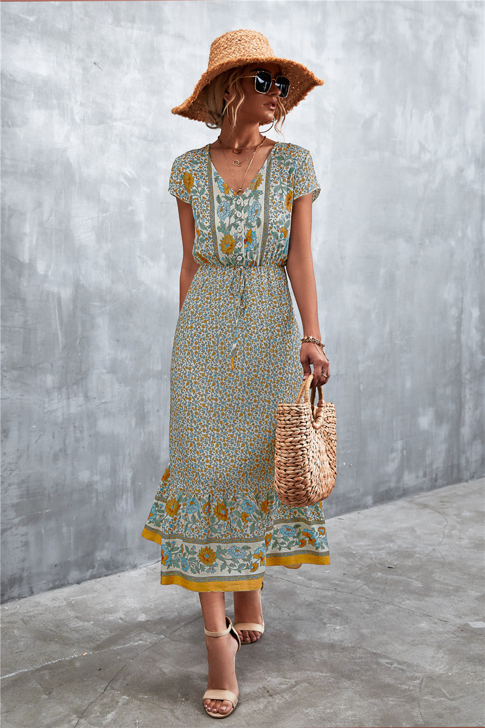 V-Neck Short Sleeve Printed Maxi Dress-Teresa&#39;s Fashionista LLC