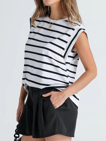 Striped Round Neck Cap Sleeve T-Shirt-Teresa&#39;s Fashionista LLC