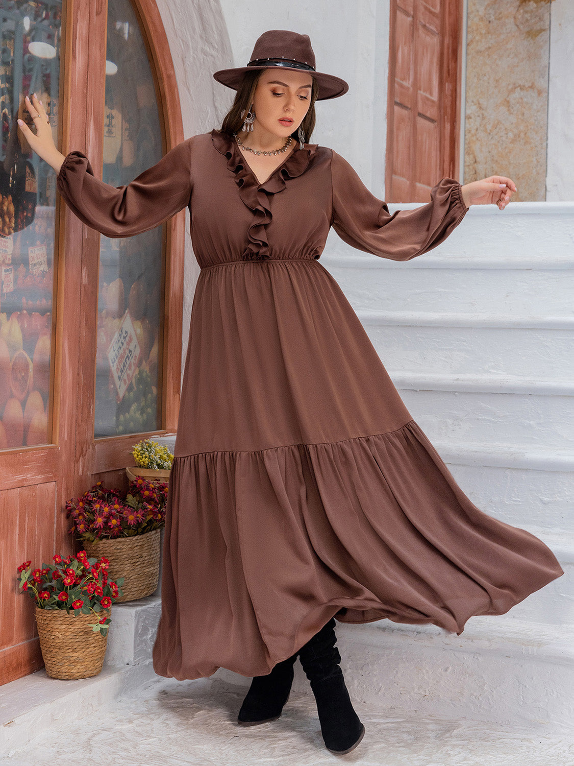 Plus Size V-Neck Ruffle Trim Maxi Dress-Teresa&#39;s Fashionista LLC