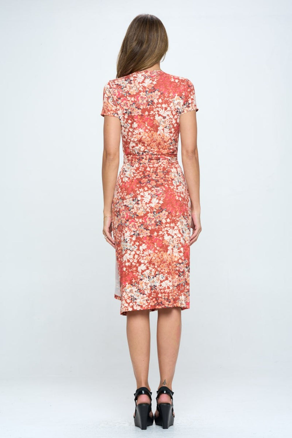 RENEE C Floral Tie Front Surplice Short Sleeve Dress-Teresa&#39;s Fashionista LLC