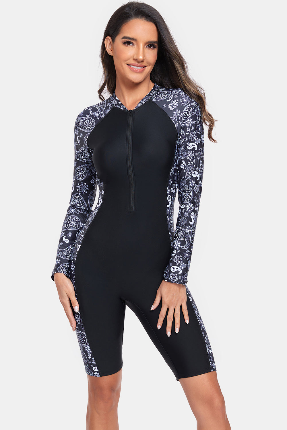 Printed Half Zip Long Sleeve One-Piece Swimwear-Teresa&#39;s Fashionista LLC