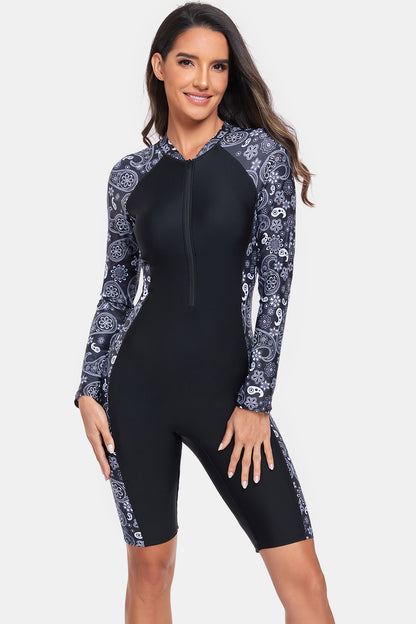 Printed Half Zip Long Sleeve One-Piece Swimwear-Teresa&#39;s Fashionista LLC