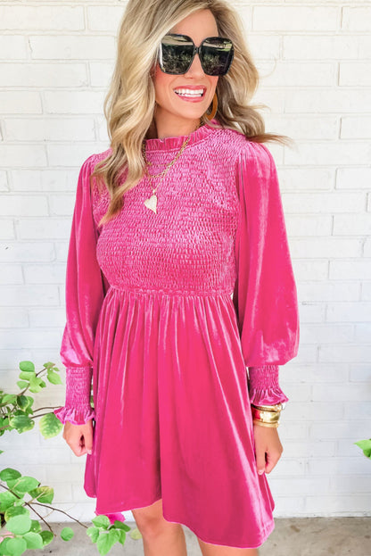 Rose Frilled Neck Smocked Bodice Velvet Dress-Teresa&#39;s Fashionista LLC