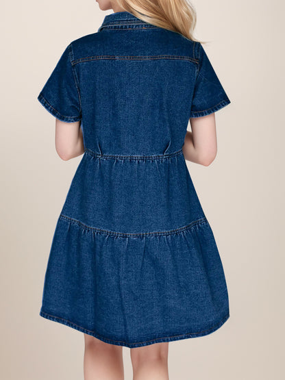 Button Up Short Sleeve Denim Dress-Teresa&#39;s Fashionista LLC