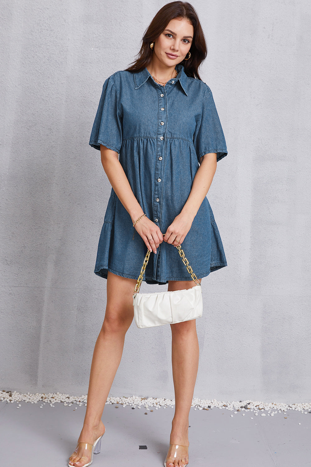 Button Up Collared Neck Tiered Denim Dress-Teresa&#39;s Fashionista LLC