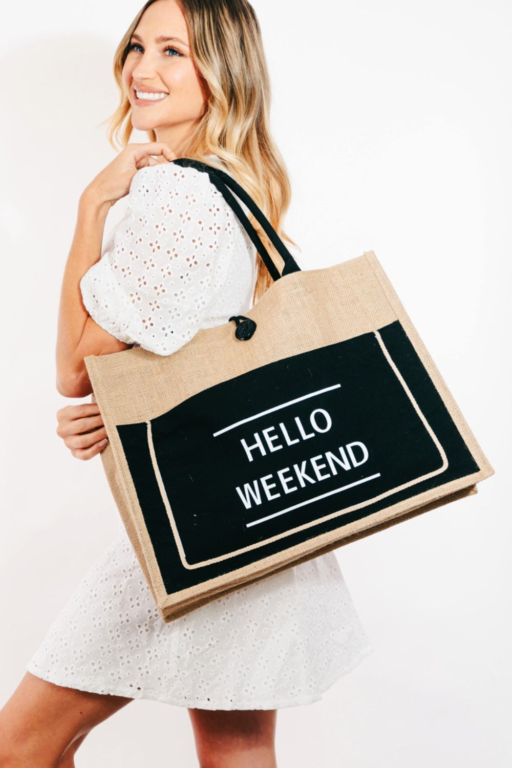 Fame Hello Weekend Burlap Tote Bag-Teresa&#39;s Fashionista LLC