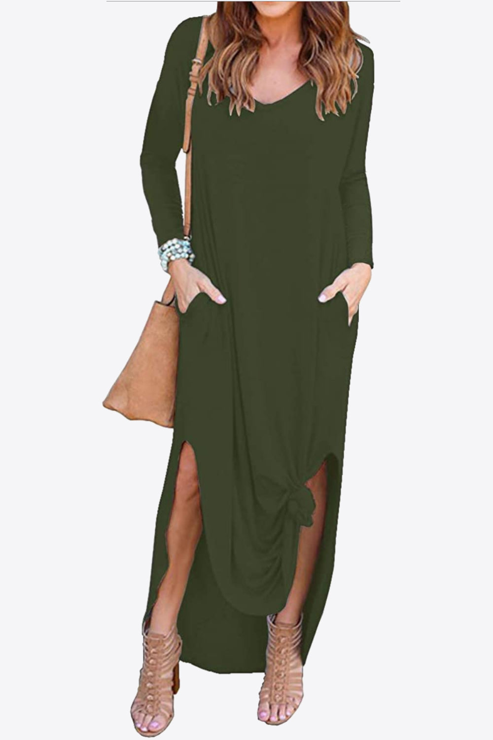 Split Long Sleeve V-Neck Maxi Dress-Teresa&#39;s Fashionista LLC