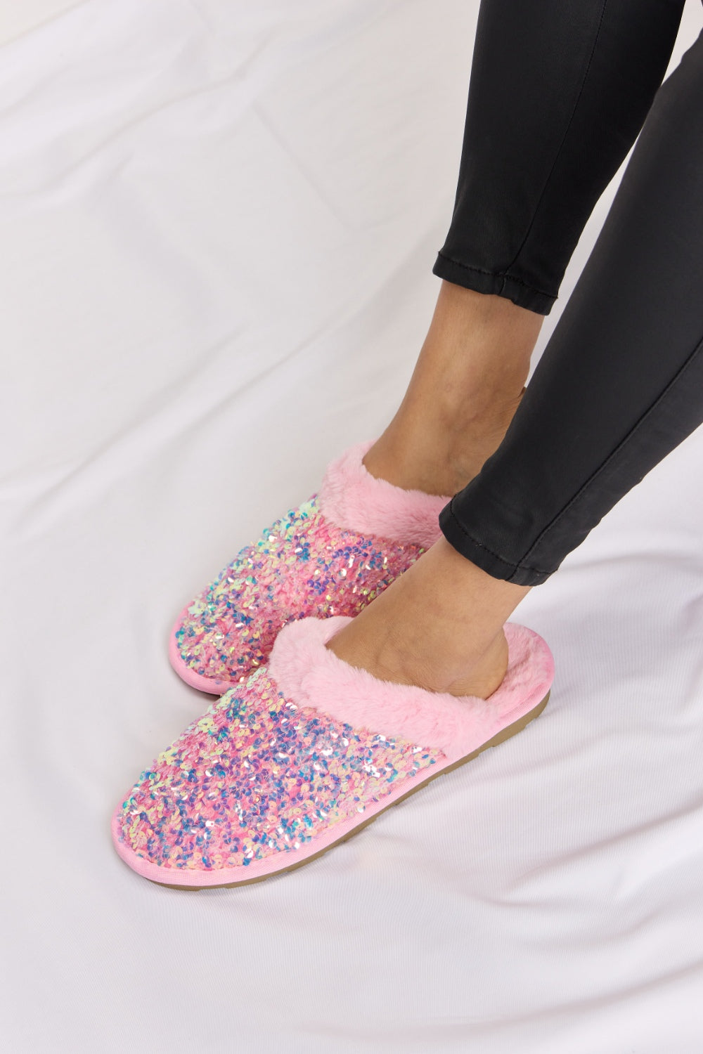 Forever Link Sequin Plush Round Toe Slippers-Teresa&#39;s Fashionista LLC