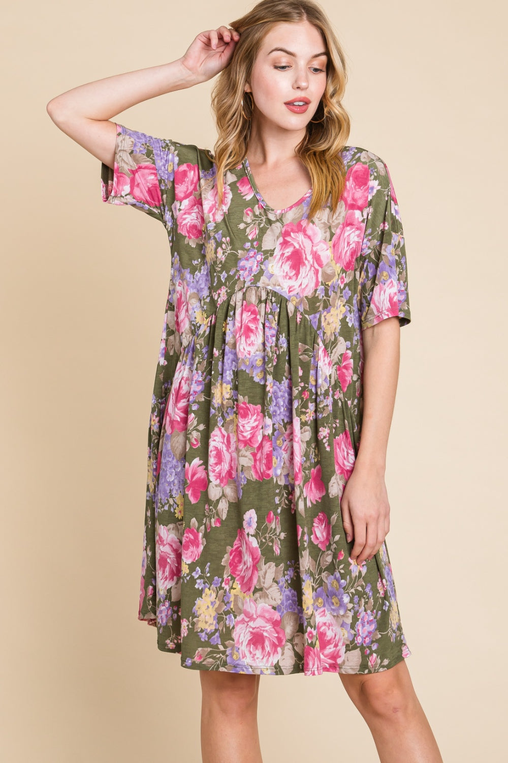 BOMBOM Flower Print V-Neck Ruched Dress-Teresa&#39;s Fashionista LLC