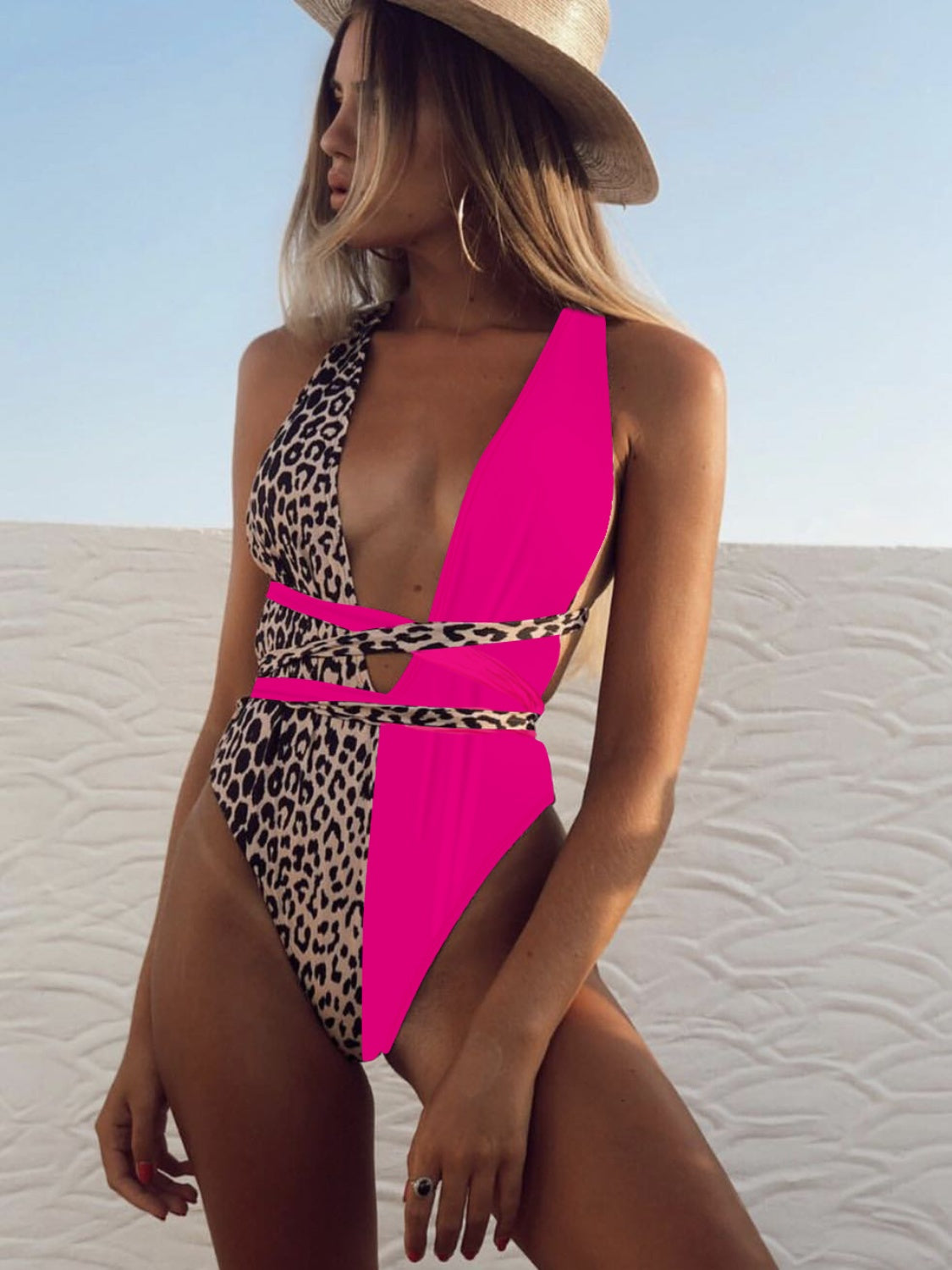 Tied Leopard Plunge One-Piece Swimwear-Teresa&#39;s Fashionista LLC