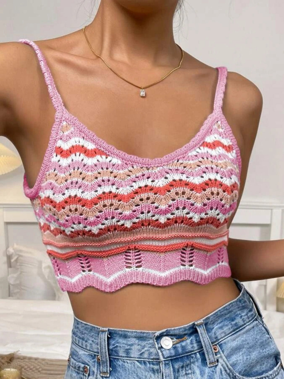 Openwork Striped Scoop Neck Cami-Teresa&#39;s Fashionista LLC