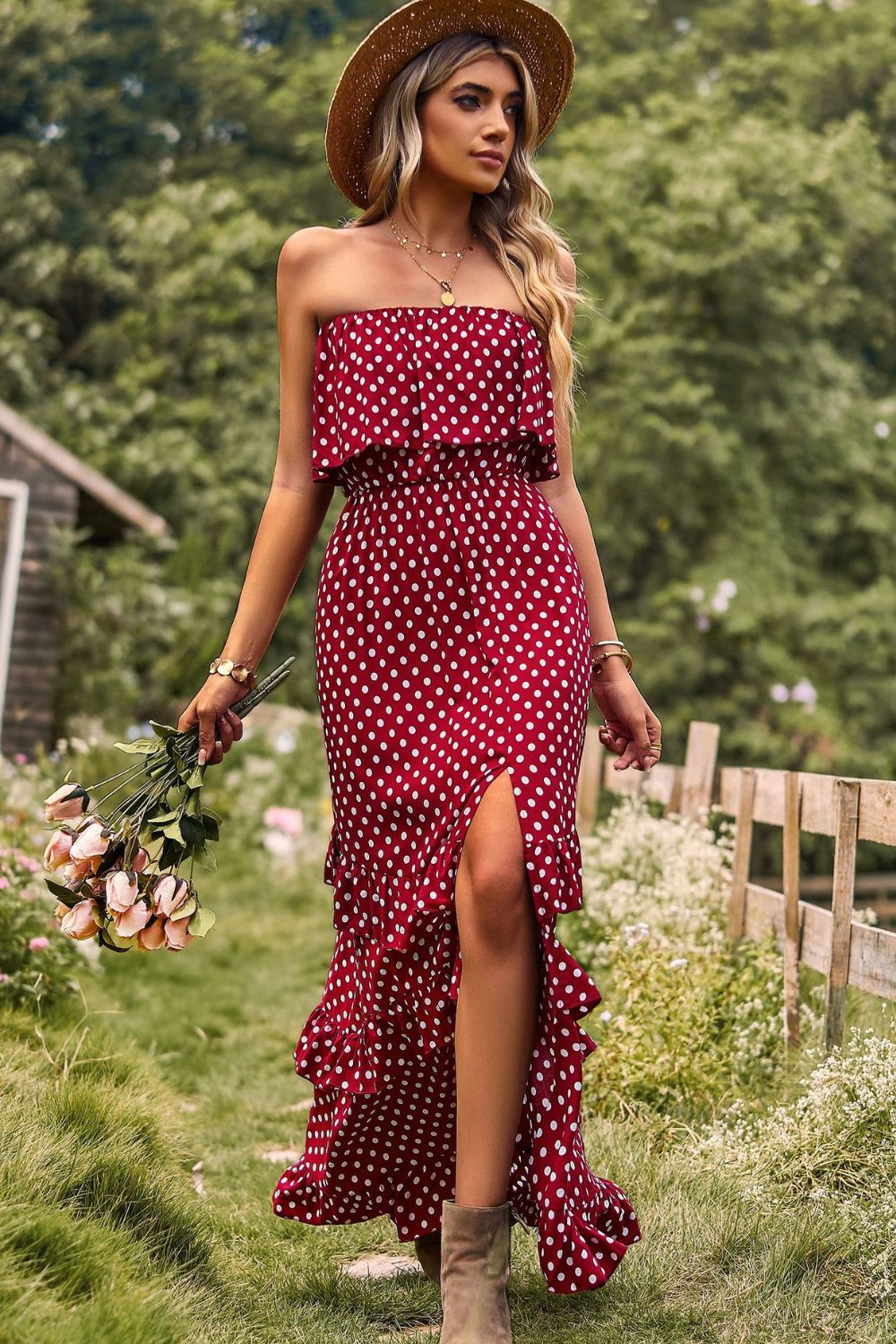 Polka Dot Strapless Slit Ruffled Maxi Dress-Teresa&#39;s Fashionista LLC