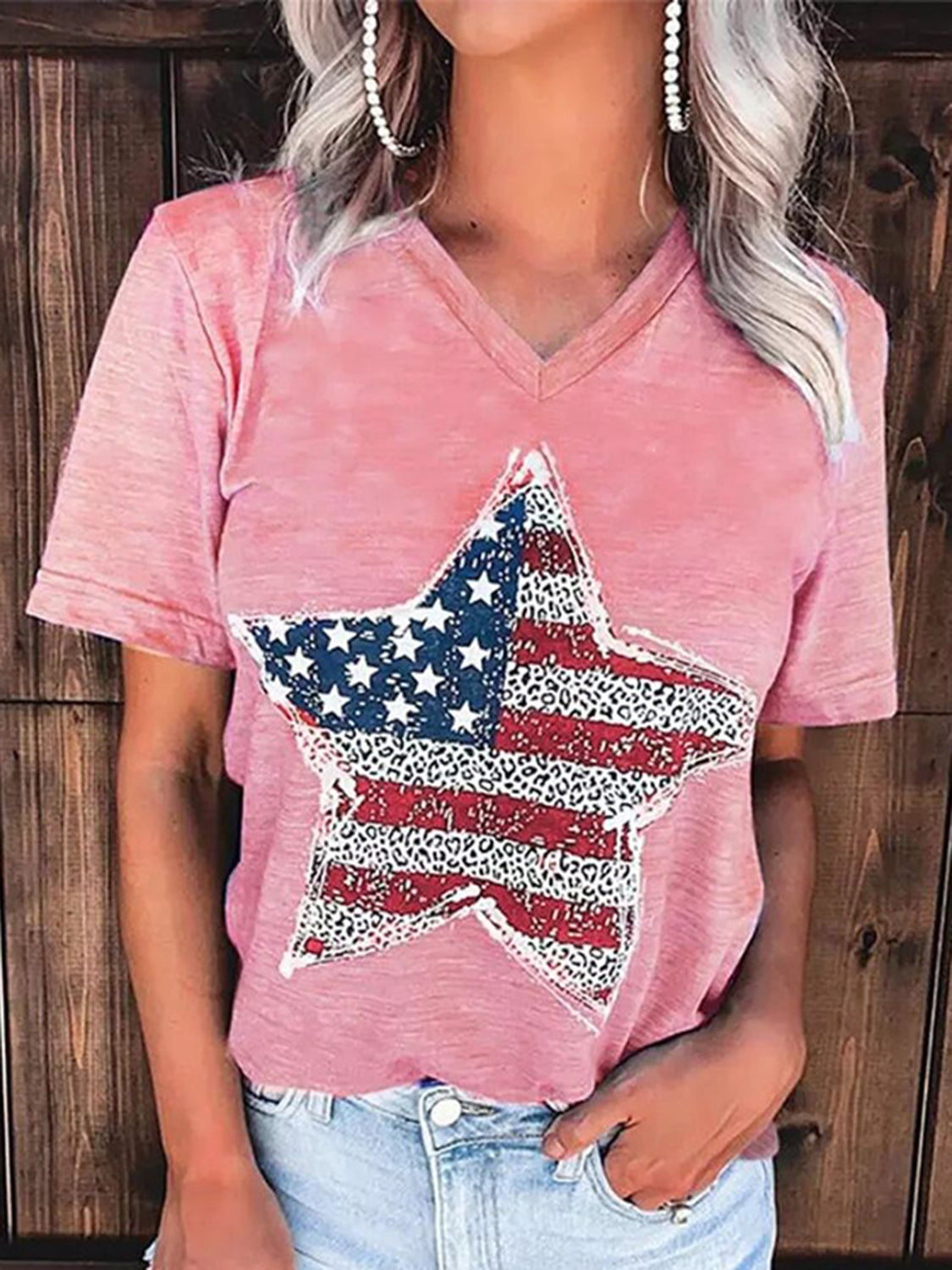 US Flag Graphic V-Neck Short Sleeve T-Shirt-Teresa&#39;s Fashionista LLC