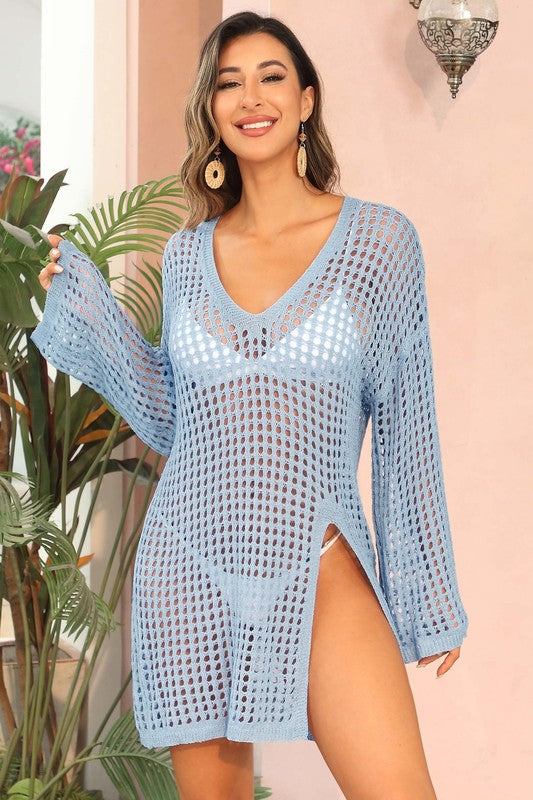 Crochet Side Split Beach Coverups Swimwear Dress-Teresa&#39;s Fashionista LLC