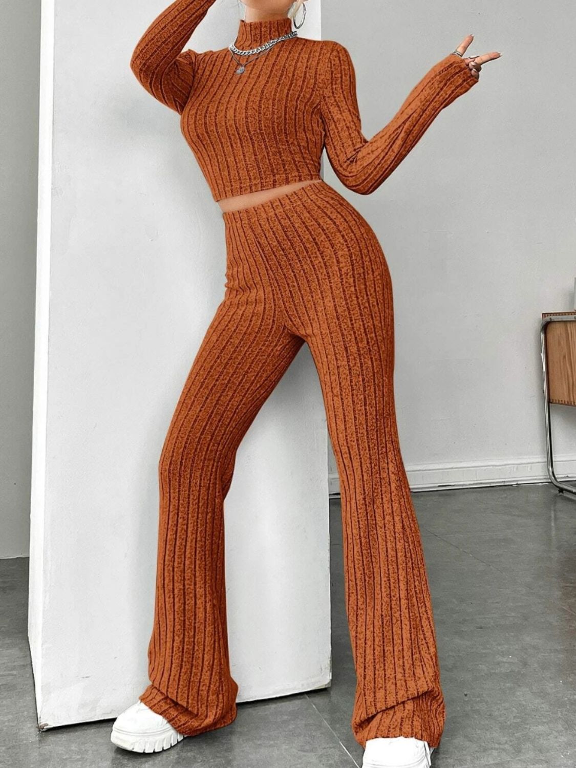 Ribbed Mock Neck Long Sleeve Top and Pants Set-Teresa&#39;s Fashionista LLC