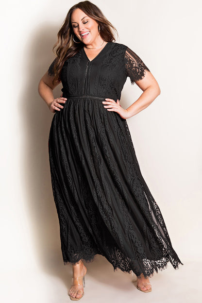 V-Neck Short Sleeve Lace Maxi Dress-Teresa&#39;s Fashionista LLC