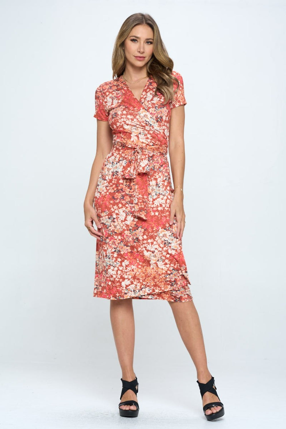 RENEE C Floral Tie Front Surplice Short Sleeve Dress-Teresa&#39;s Fashionista LLC