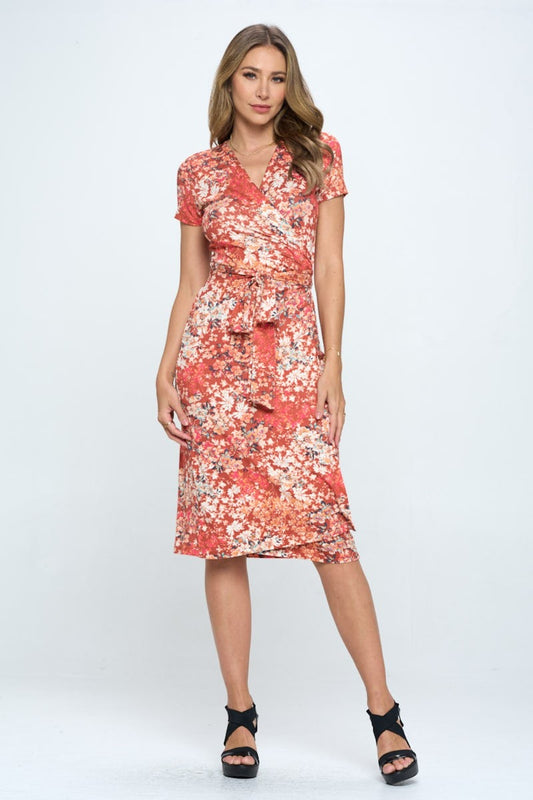 RENEE C Floral Tie Front Surplice Short Sleeve Dress - Teresa's Fashionista LLC