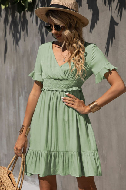 Smocked Waist Flounce Sleeve Ruffle Hem Dress-Teresa&#39;s Fashionista LLC