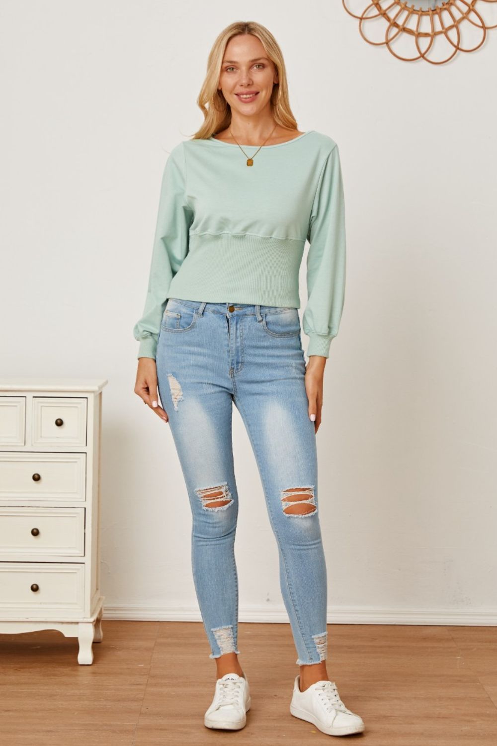 Boat Neck Lantern Sleeve Blouse-Teresa&#39;s Fashionista LLC