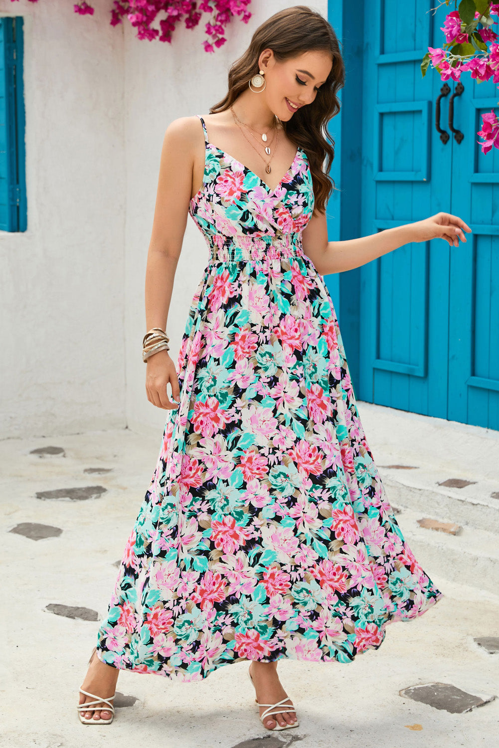 Floral Spaghetti Strap Surplice Neck Maxi Dress-Teresa&#39;s Fashionista LLC