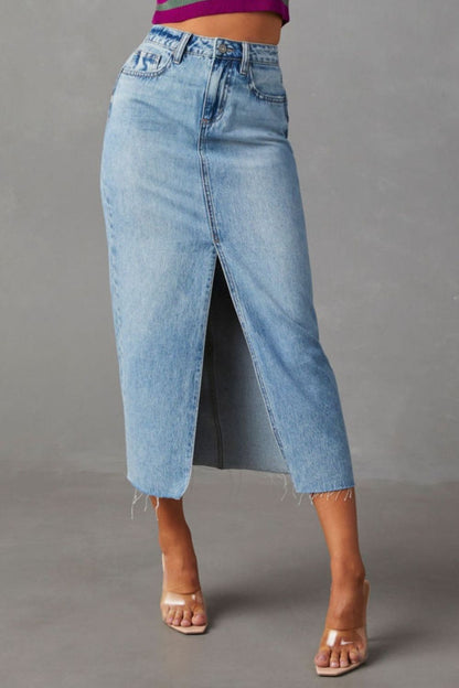 Slit Raw Hem Midi Denim Skirt-Teresa&#39;s Fashionista LLC