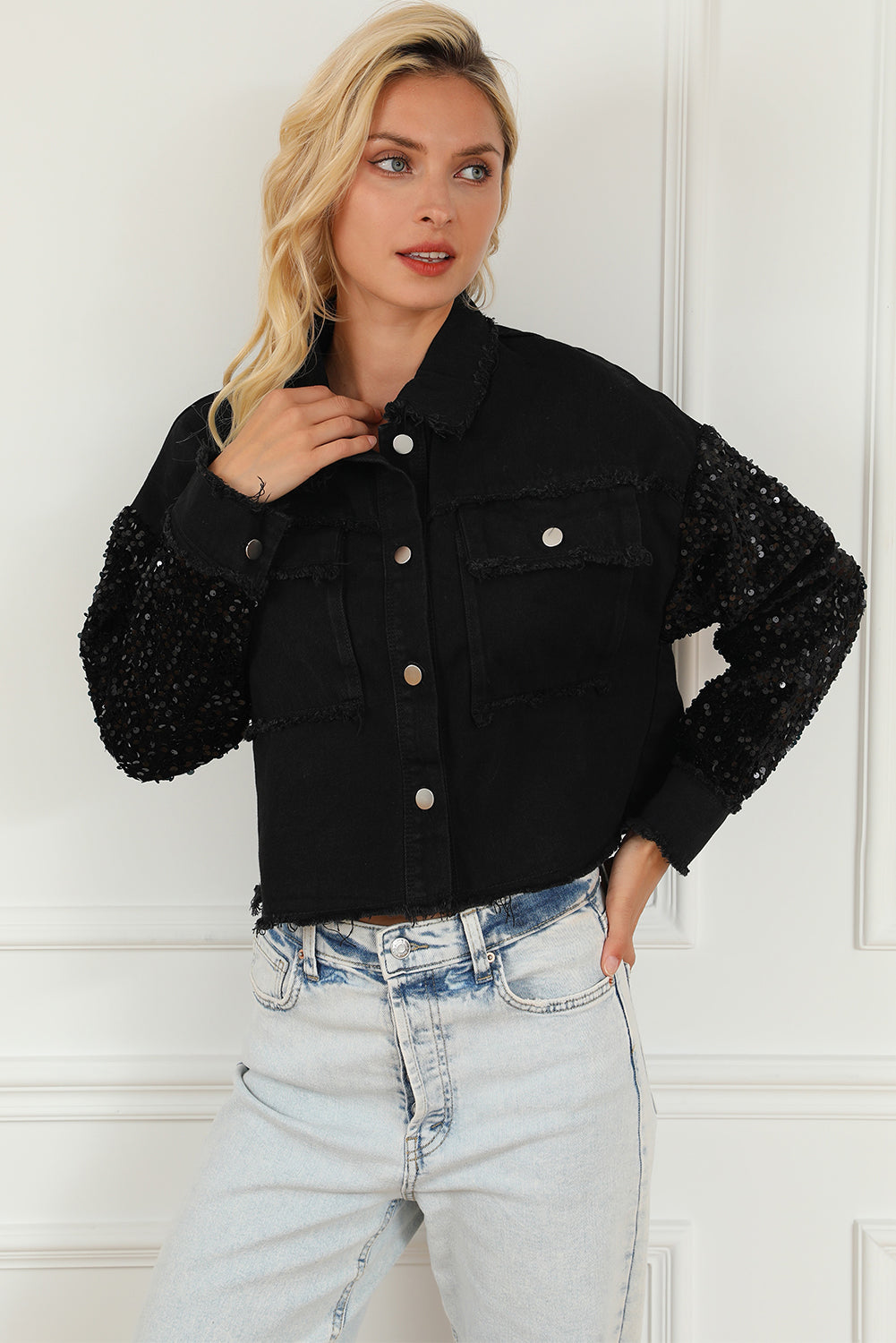 Sequin Button Up Raw Hem Denim Jacket-Teresa&#39;s Fashionista LLC