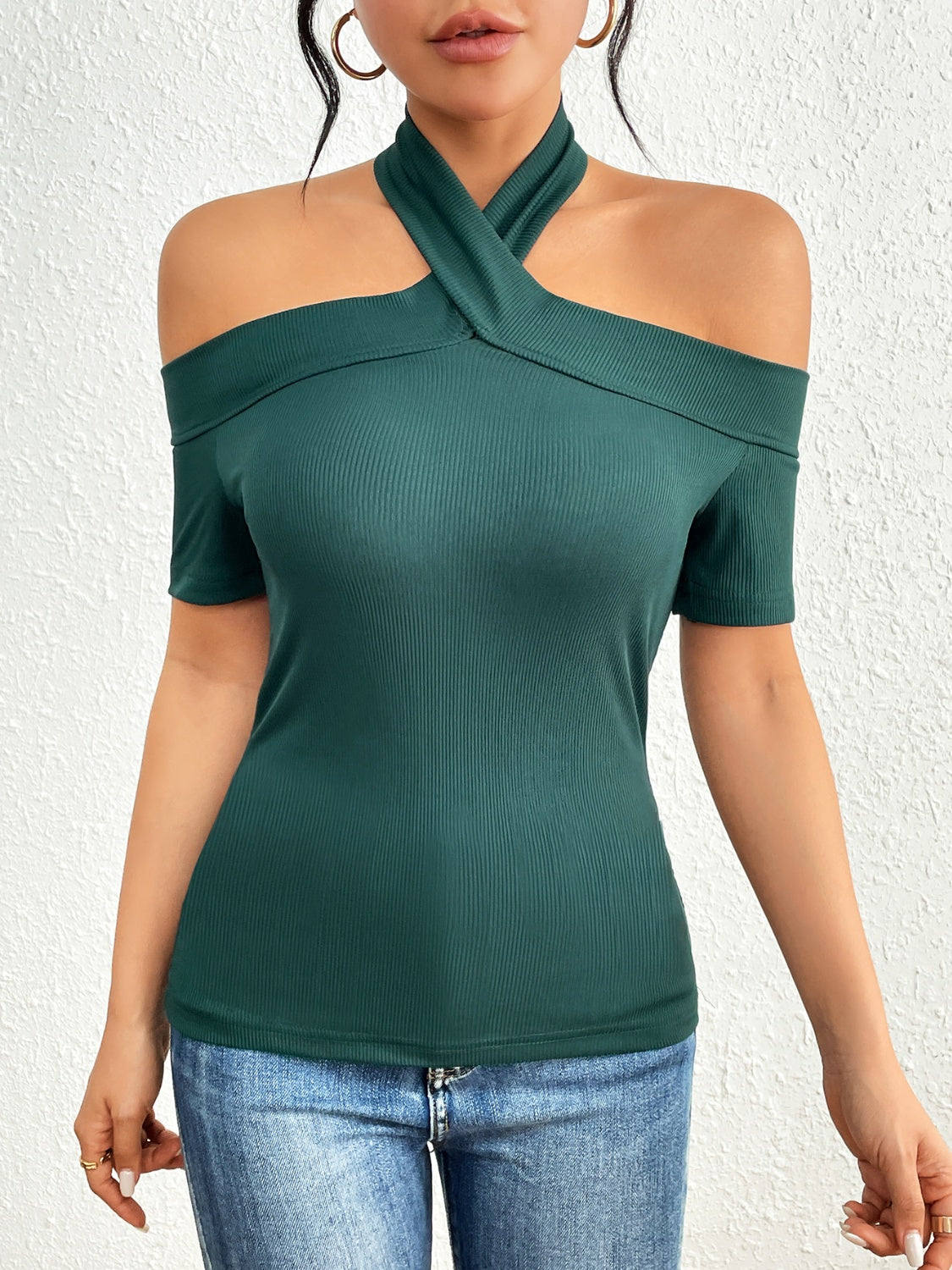 Halter Neck Short Sleeve T-Shirt-Teresa&#39;s Fashionista LLC