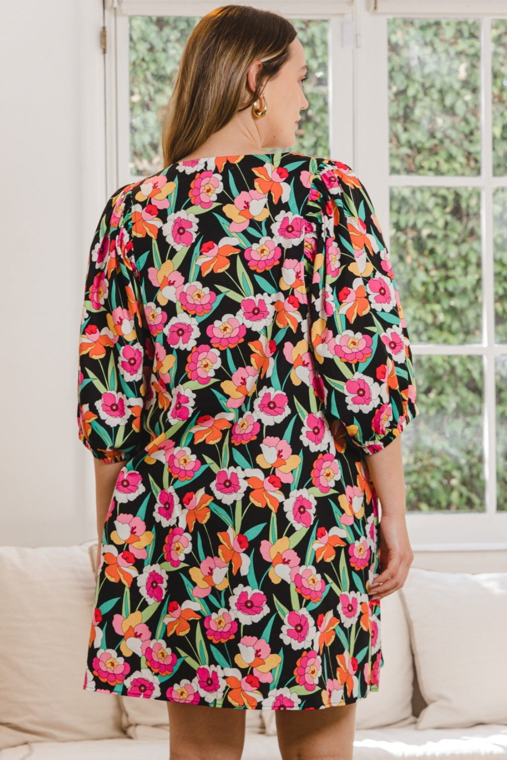 ODDI Full Size Floral Puff Sleeve Mini Dress-Teresa&#39;s Fashionista LLC