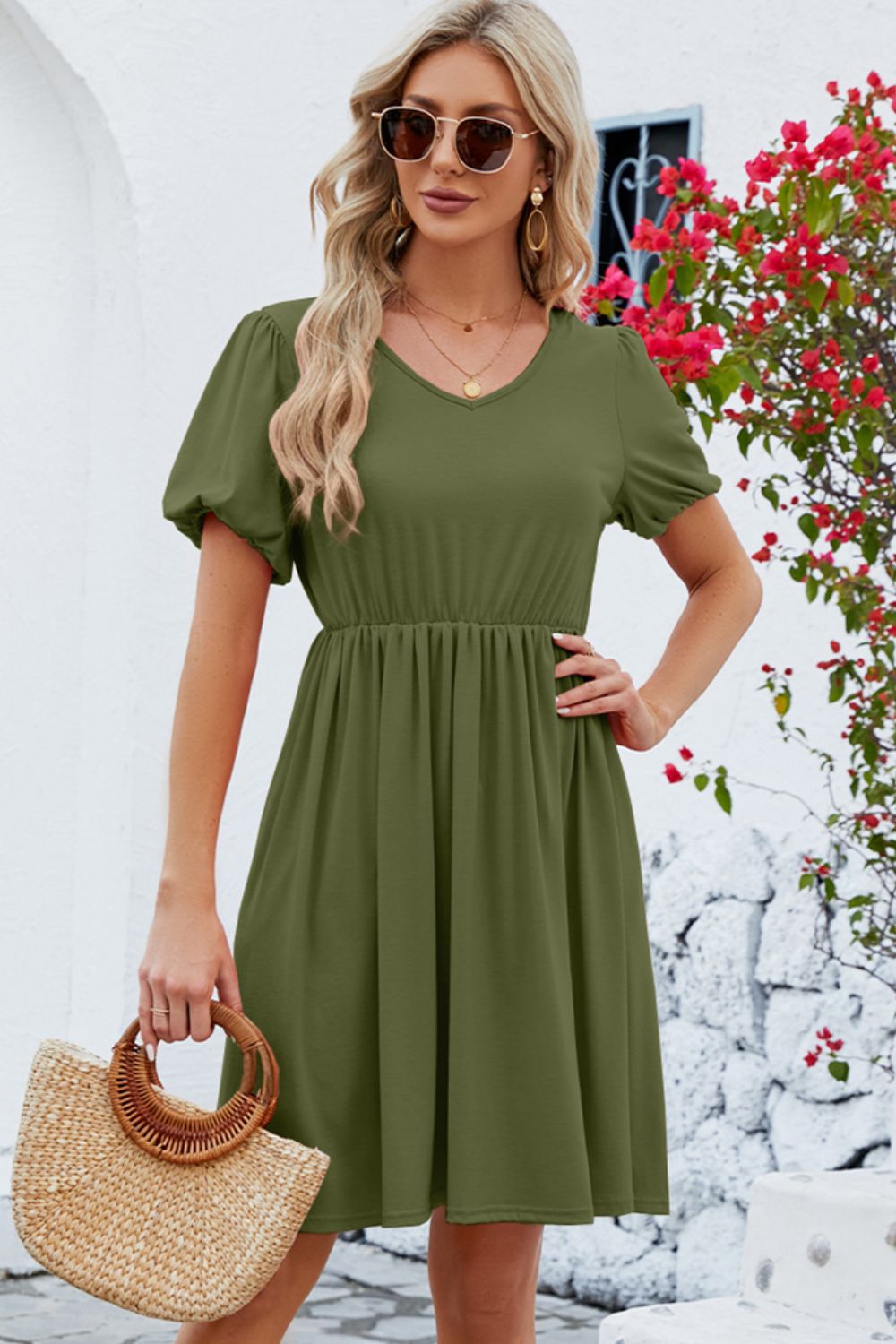 V-Neck Balloon Short Sleeve Dress-Teresa&#39;s Fashionista LLC