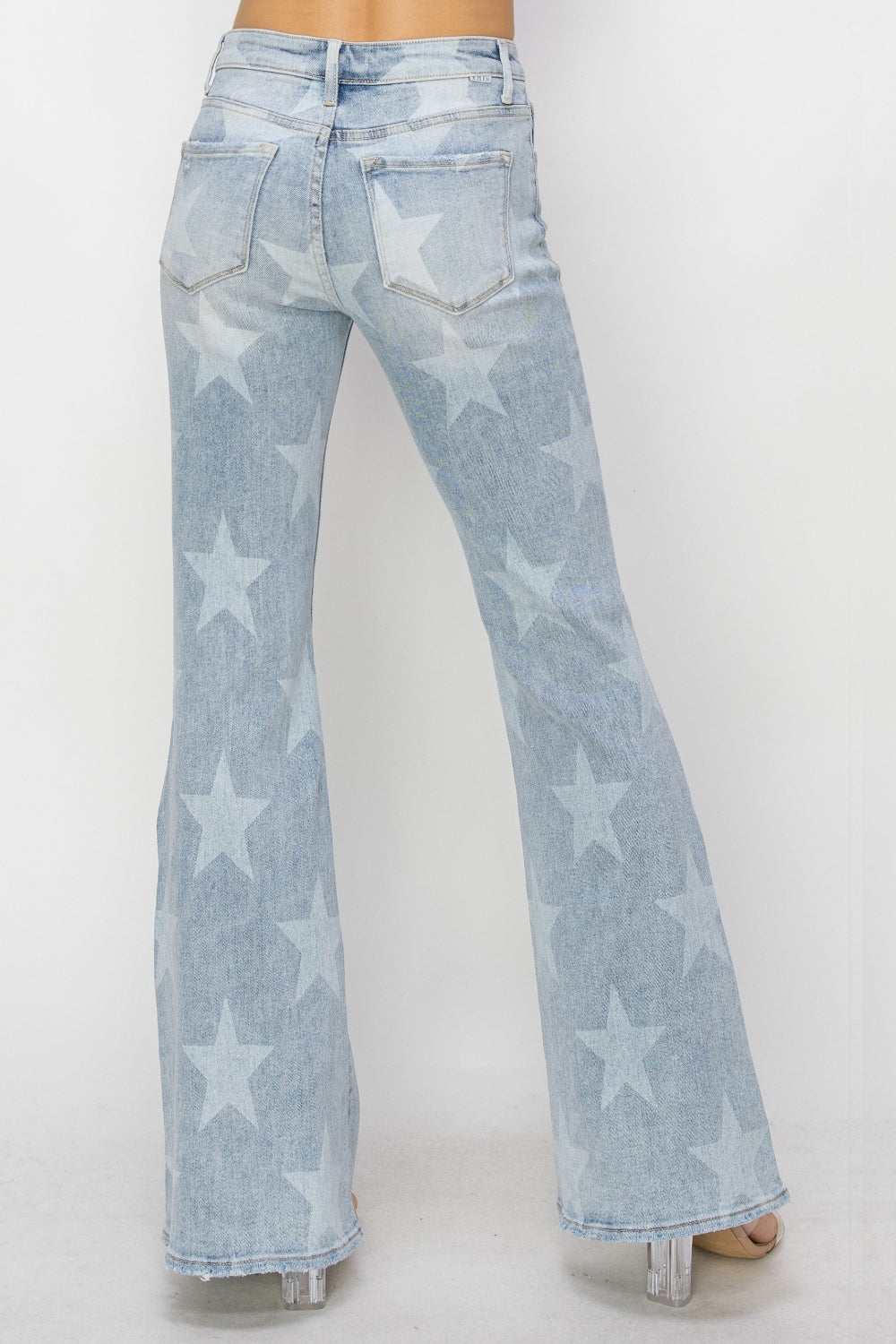 RISEN Mid Rise Button Fly Start Print Flare Jeans-Teresa&#39;s Fashionista LLC