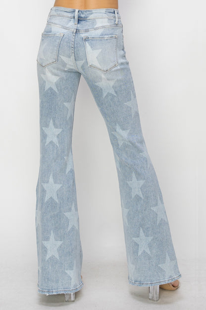 RISEN Mid Rise Button Fly Start Print Flare Jeans-Teresa&#39;s Fashionista LLC