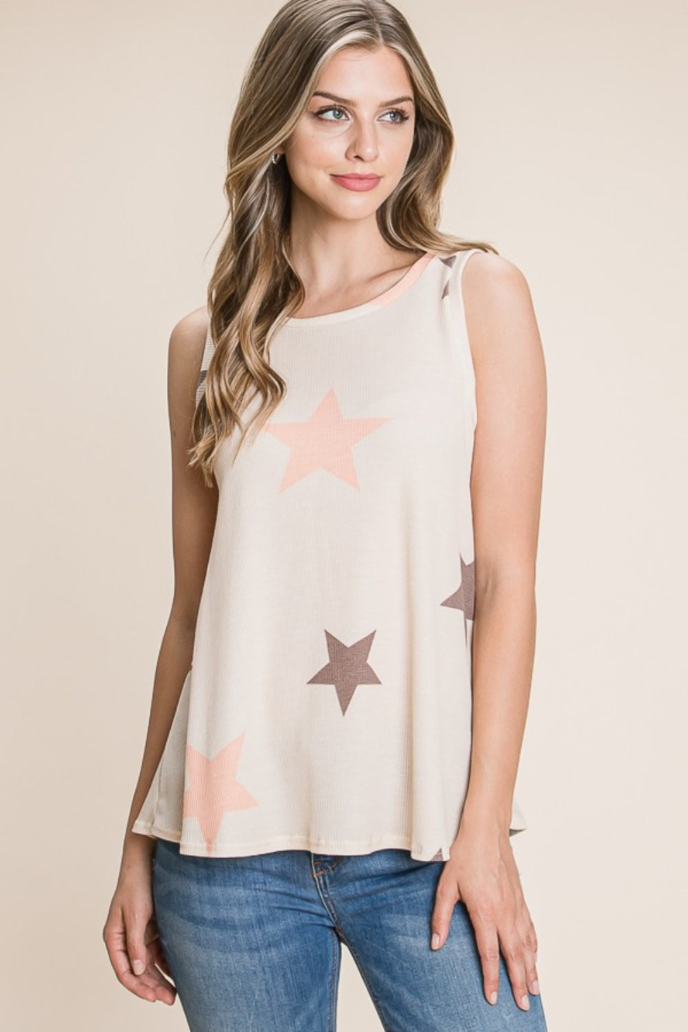 BOMBOM Star Print Round Neck Tank-Teresa&#39;s Fashionista LLC