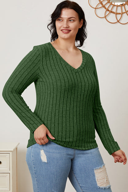 Basic Bae Full Size Ribbed V-Neck Long Sleeve T-Shirt-Teresa&#39;s Fashionista LLC