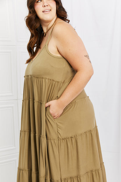 Zenana Full Size Spaghetti Strap Tiered Dress with Pockets in Khaki-Teresa&#39;s Fashionista LLC