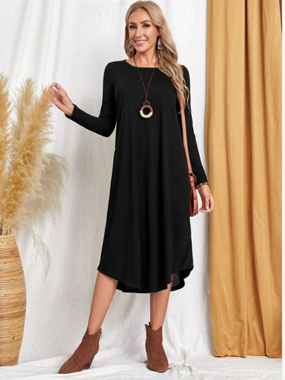 Pocketed Round Neck Long Sleeve Tee Dress-Teresa&#39;s Fashionista LLC