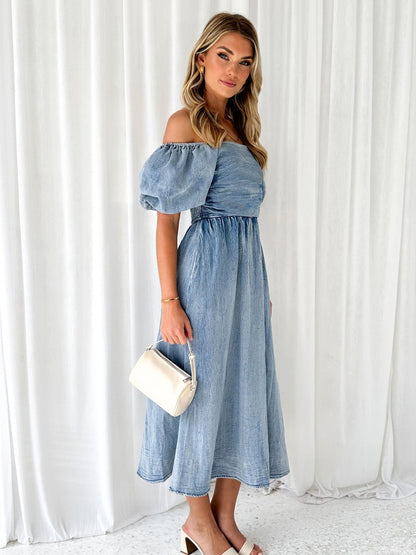 Off-Shoulder Balloon Sleeve Denim Dress-Teresa&#39;s Fashionista LLC