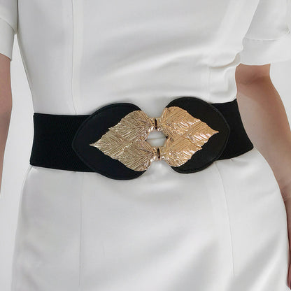 Alloy Leaf Buckle Elastic Belt-Teresa&#39;s Fashionista LLC