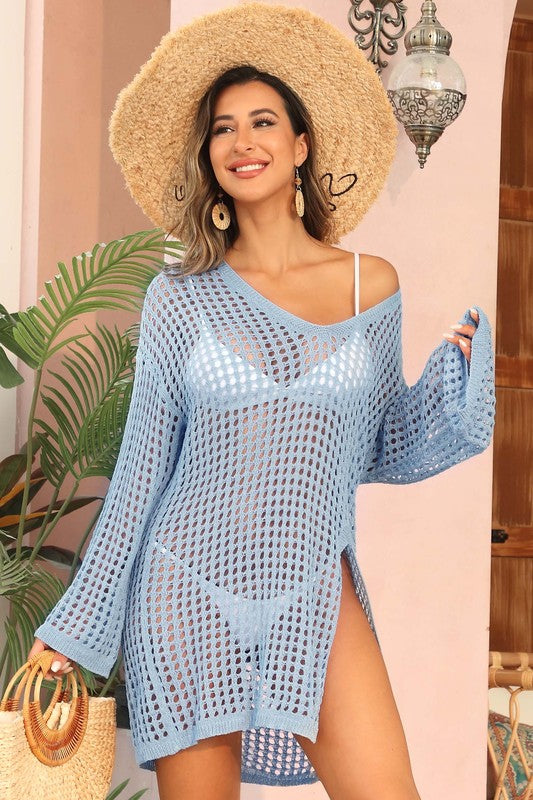 Crochet Side Split Beach Coverups Swimwear Dress-Teresa&#39;s Fashionista LLC