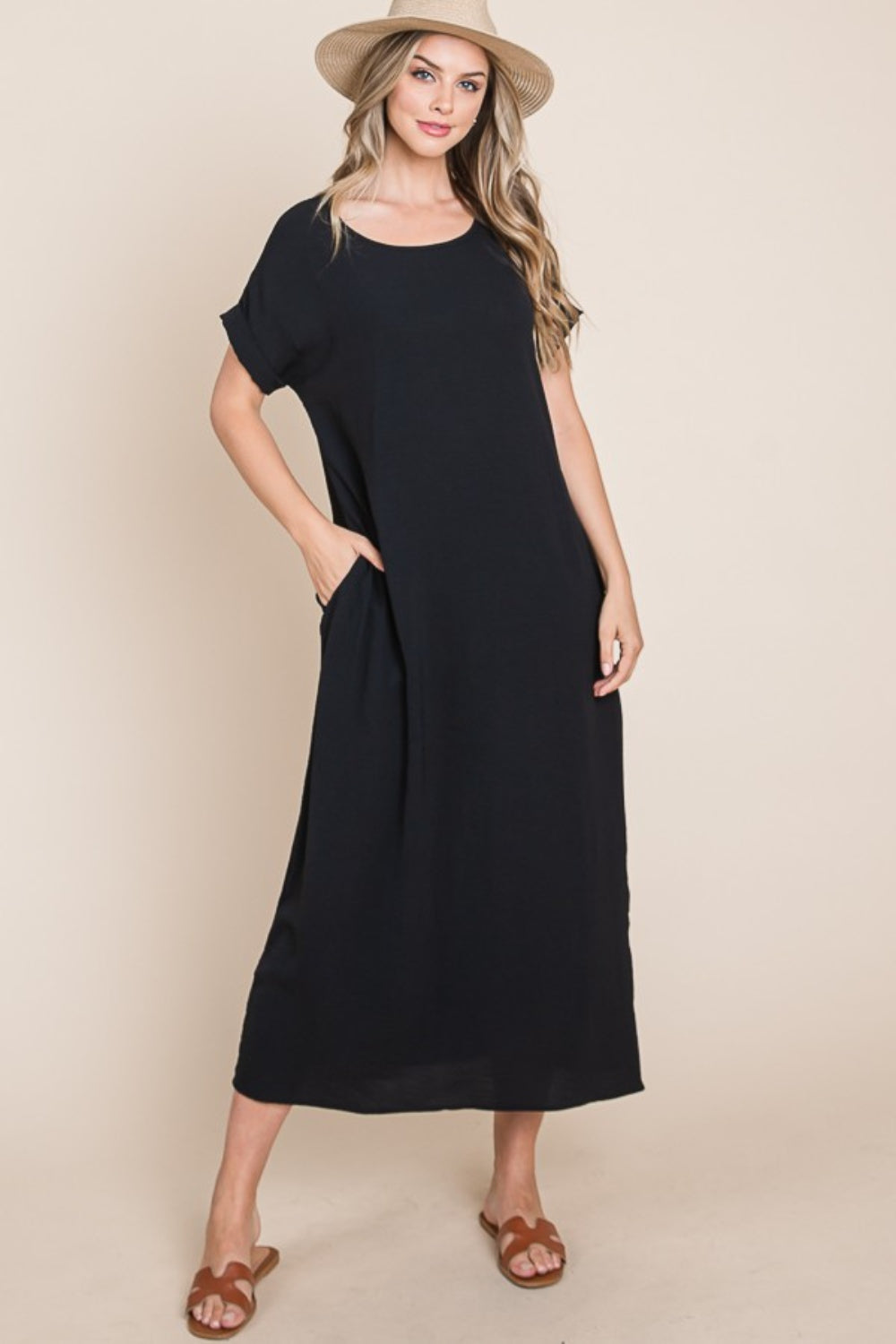 BOMBOM Round Neck Short Sleeve Midi Dress with Pockets-Teresa&#39;s Fashionista LLC