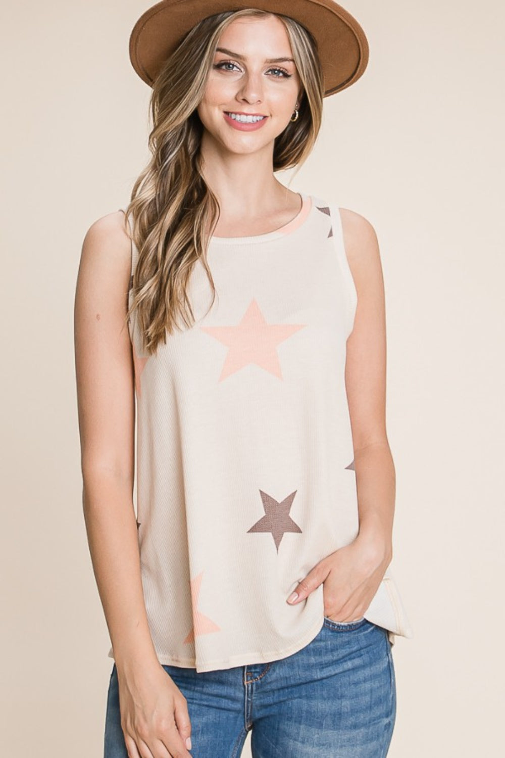 BOMBOM Star Print Round Neck Tank-Teresa&#39;s Fashionista LLC