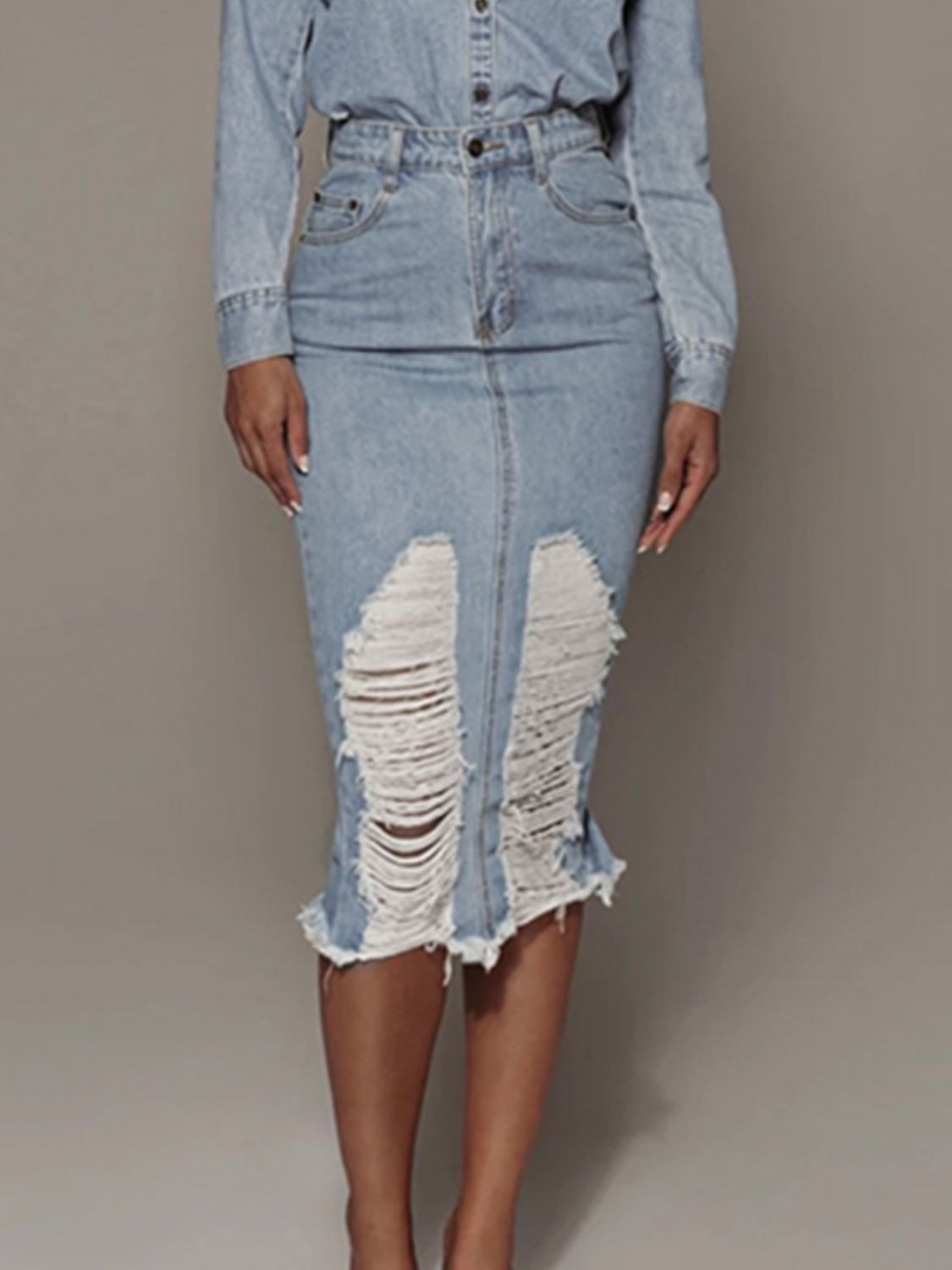 Distressed Slit Denim Skirt-Teresa&#39;s Fashionista LLC