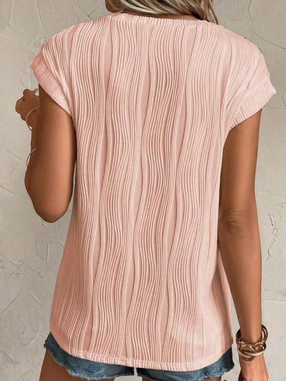 Textured Round Neck Cap Sleeve T-Shirt-Teresa&#39;s Fashionista LLC